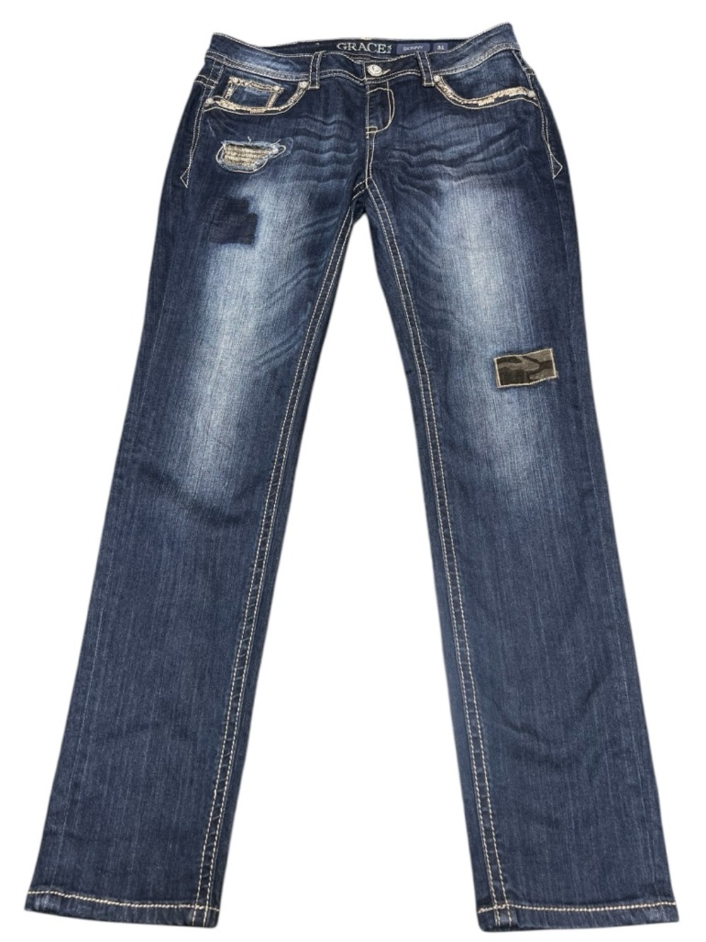 Grace in LA dark wash sequins and embroidered skinny jeans boho - Picture 2 of 10